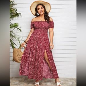 Off Shoulder Shirred Split Ditsv Floral Dress
